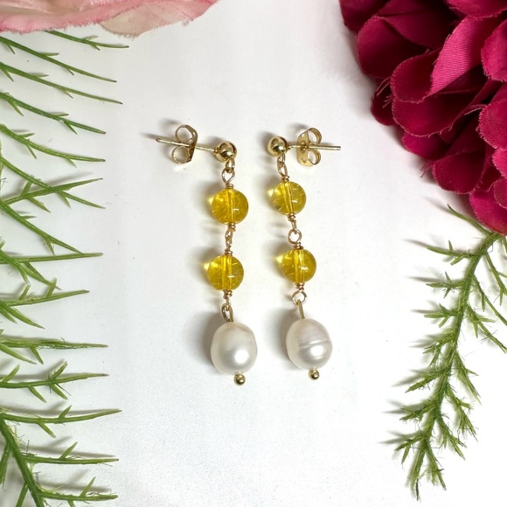 NEW⚜️Citrine & Freshwater Pearl Dangly Earrings